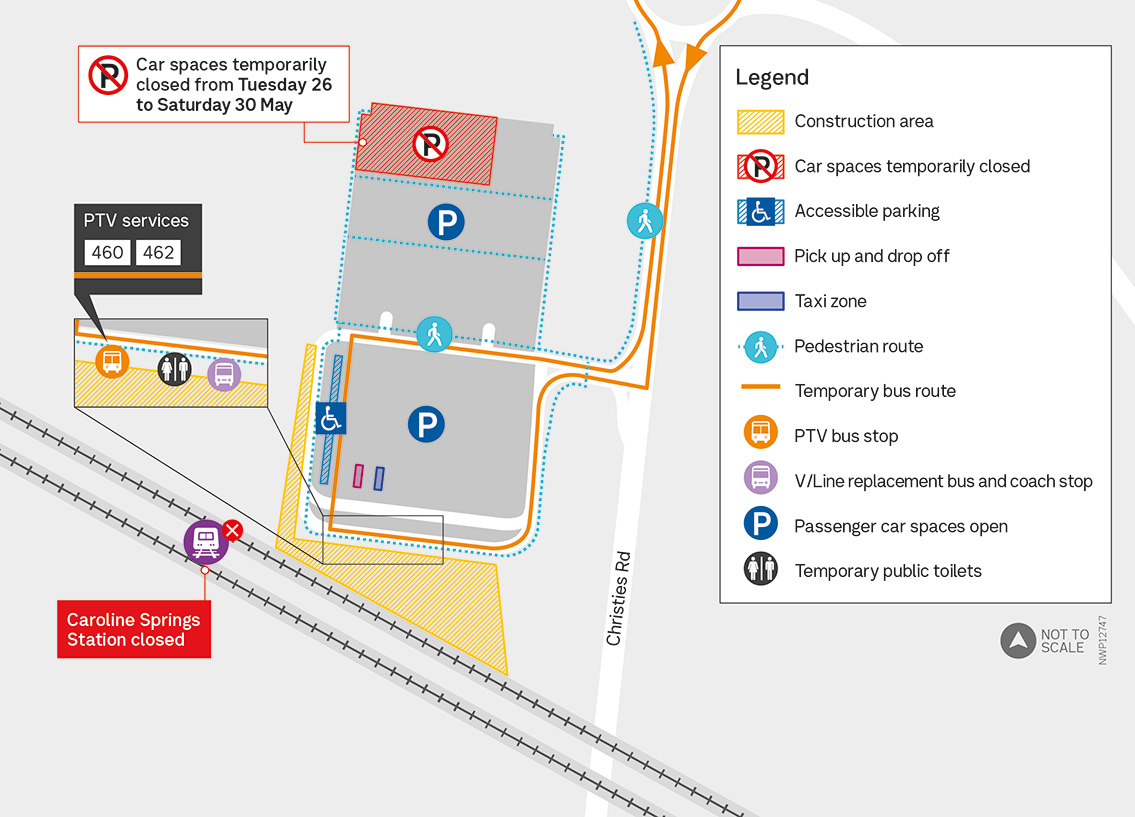Map showing closure of Caroline Springs Station and works area near the station