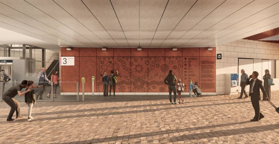 Render of Melton Station 16m wide through link major artwork featuring the story of Gurborra, the Koala