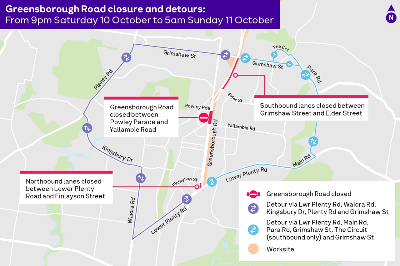 Greensborough Road closure and detours map