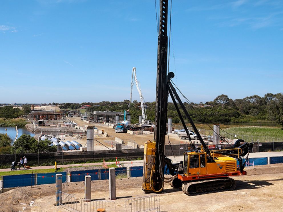 Starting to install the piles to support the bridge over Bowen Parkway