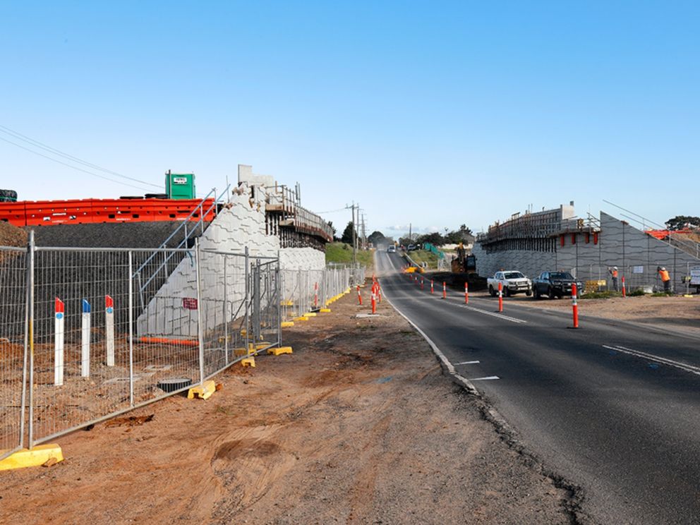 The finished retaining walls for the bridge over Old Dandenong Road