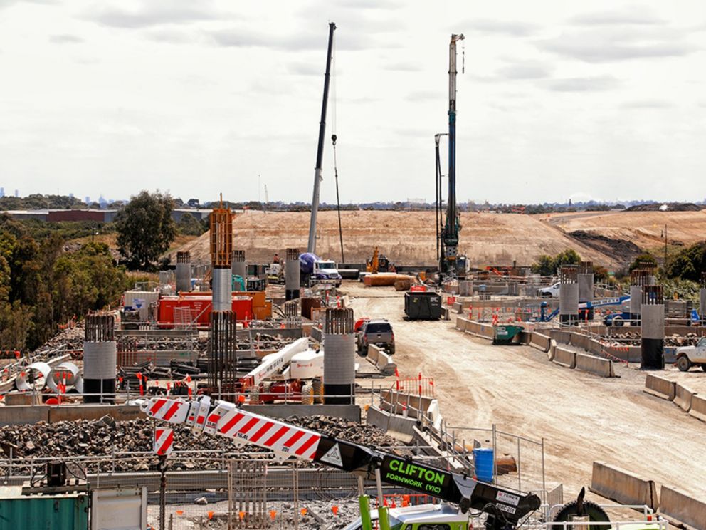 Works to continue pouring the columns needed to support the twin bridges over the Waterways wetlands