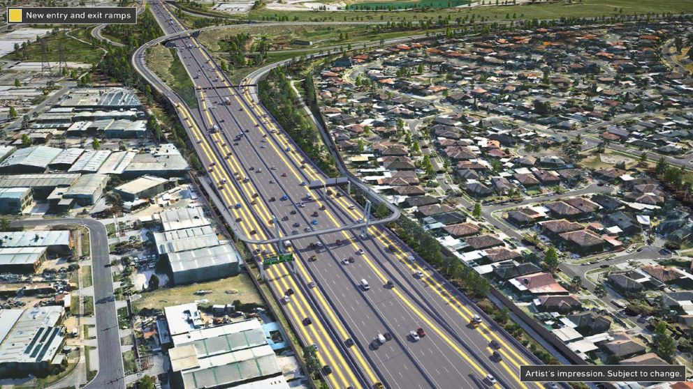 Artist's impression of Edgars Road on ramp, upgraded cycling and pedestrian bridge and Hume Freeway interchange, Altona bound.