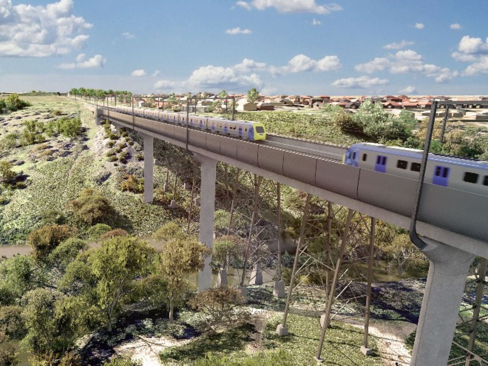 Airport Rail concept image of two trains passing over a bridge.