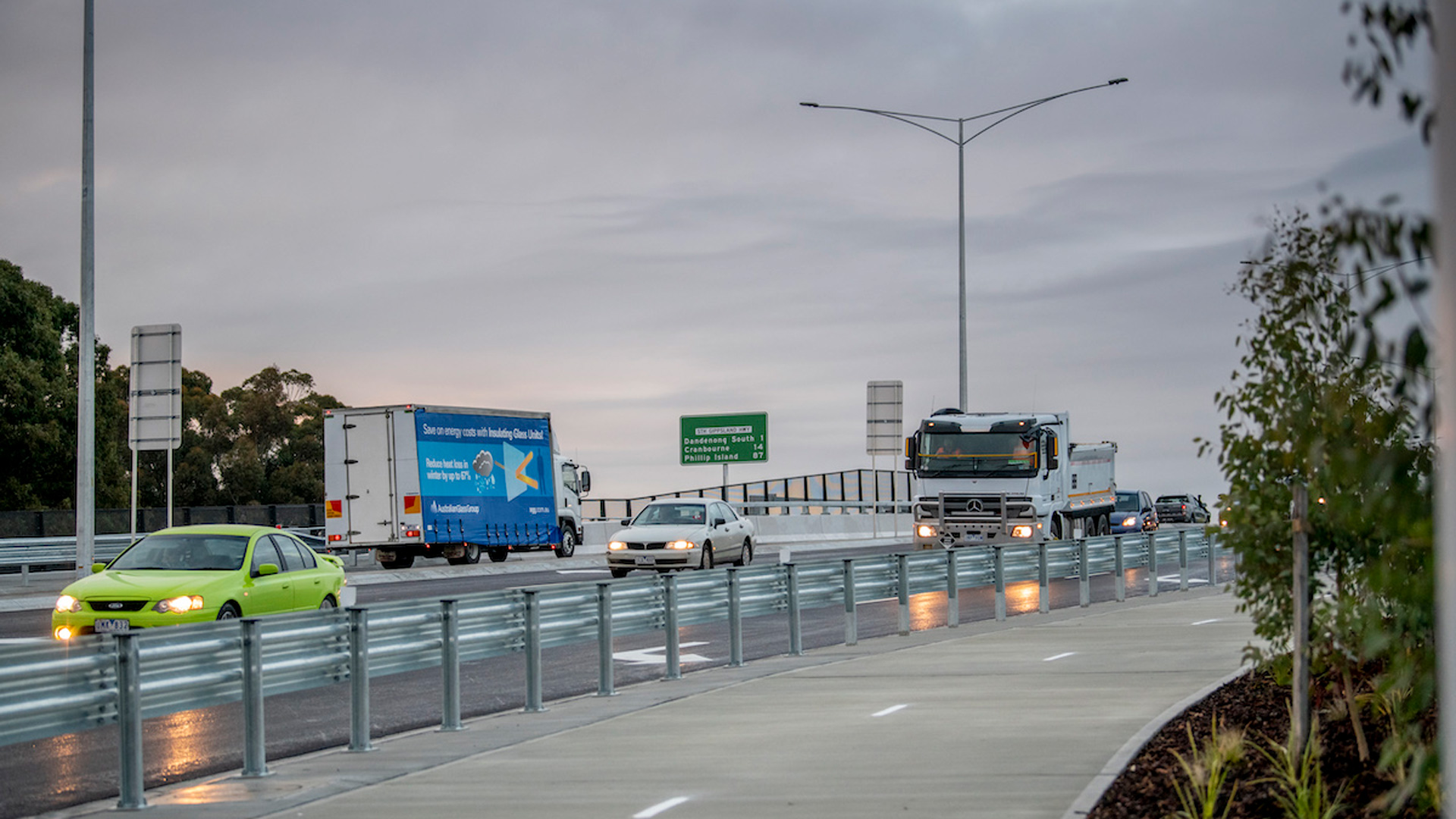 Traffic travelling over the newly opened South Gippsland Highway road bridge.