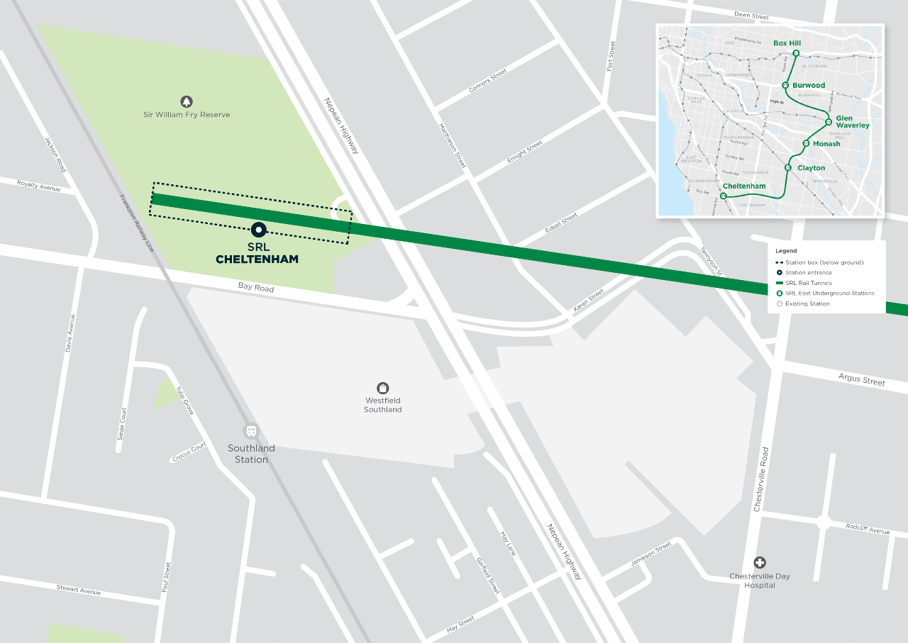 Map: SRL Cheltenham Station beside Sir William Fry Reserve