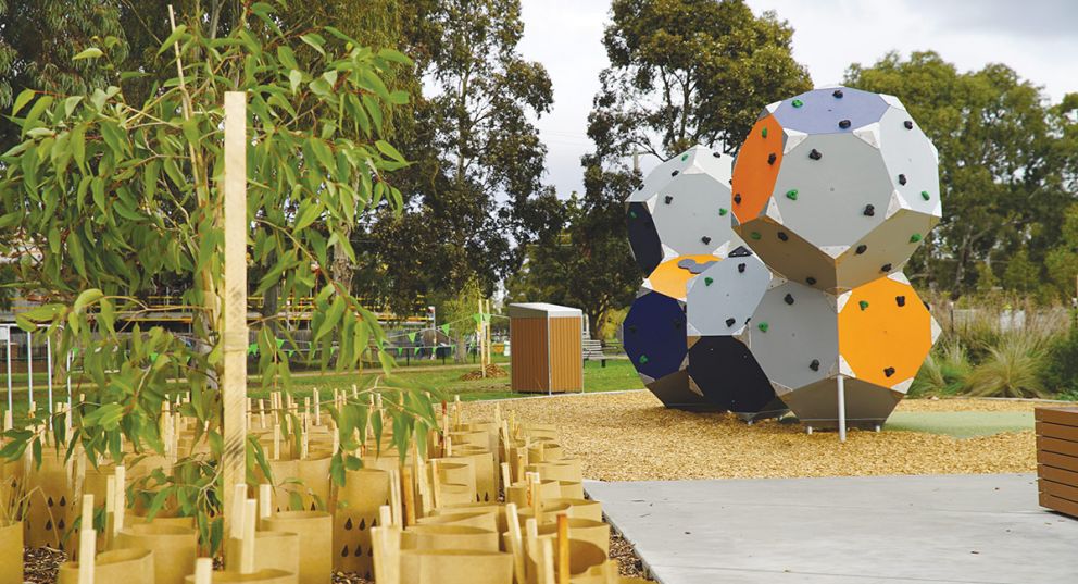 A close up of tree planting and outdoor climbing blocks for children at Ford Park in Bellfield.