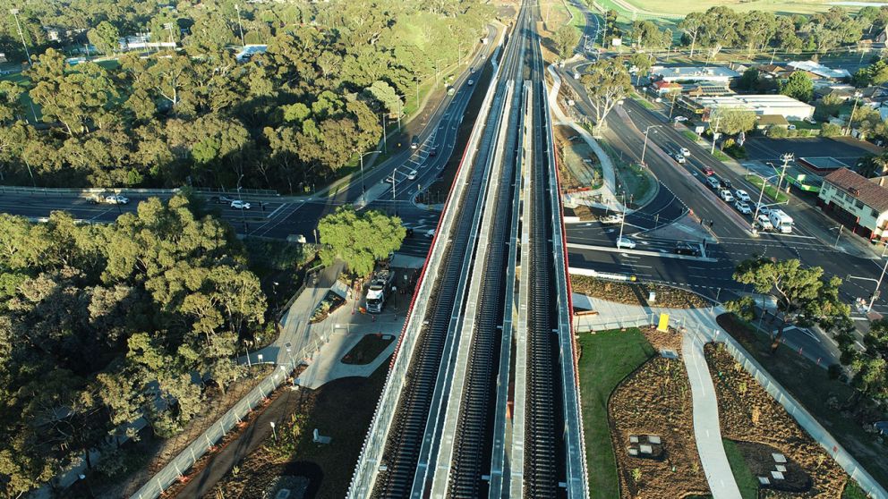 Aerial view of the elevated rail over Werribee Street