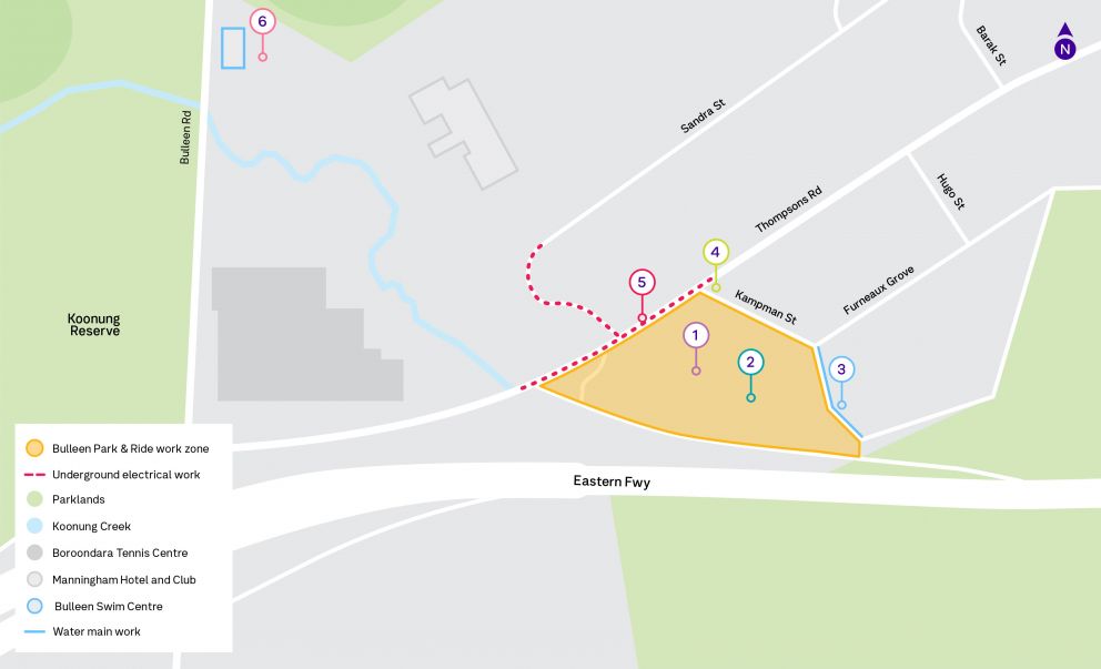 A map showing upcoming works at Bulleen Park & Ride, highlighting the work zone, underground electrical work, parklands, Koonung Creek, Boroondara Tennis Centre, Manningham Hotel and Club, Bulleen Swim Centre and water main work.