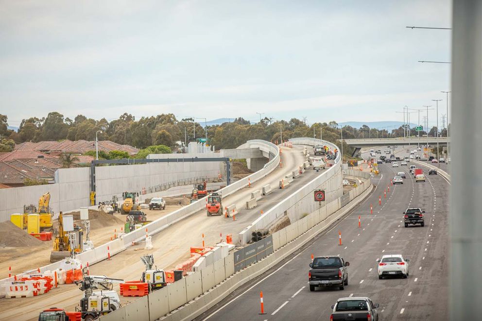 Works progressing on the new elevated exit ramp at Edgars Road