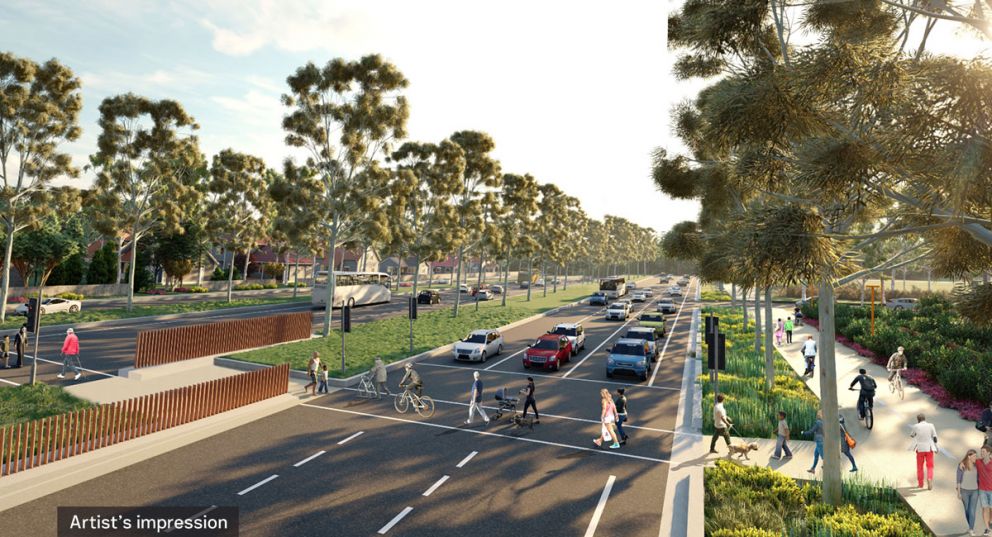 Artist’s impression view looking north along Greensborough Road boulevard of new shared user path and Borlase Reserve parklands. 