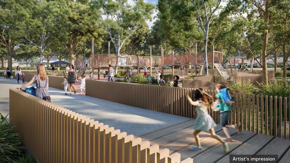 Artist’s impression of new playground area at Borlase Reserve, Yallambie looking west towards Greensborough Road.