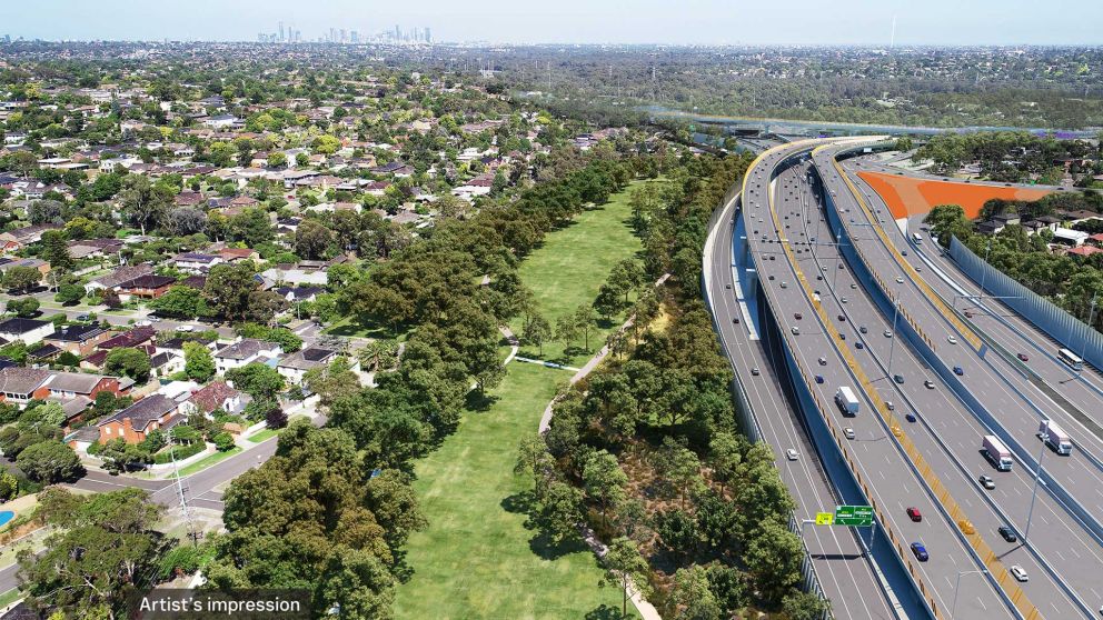 Artist’s impression view looking west of Eastern Freeway upgrades and Eastern Express Busway with new tree planting and upgraded Koonung Creek Trail, Balwyn North.