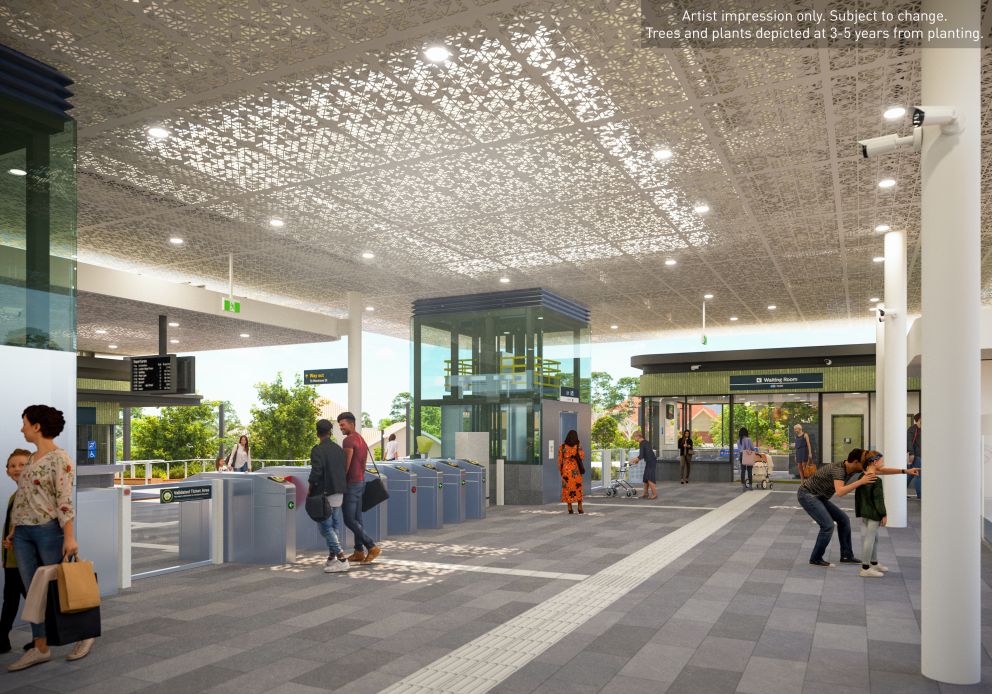 Union Station main concourse with canopy that creates a dappled light effect. Artist impression only, subject to change. Trees and plants depicted at 3-5 years from planting.