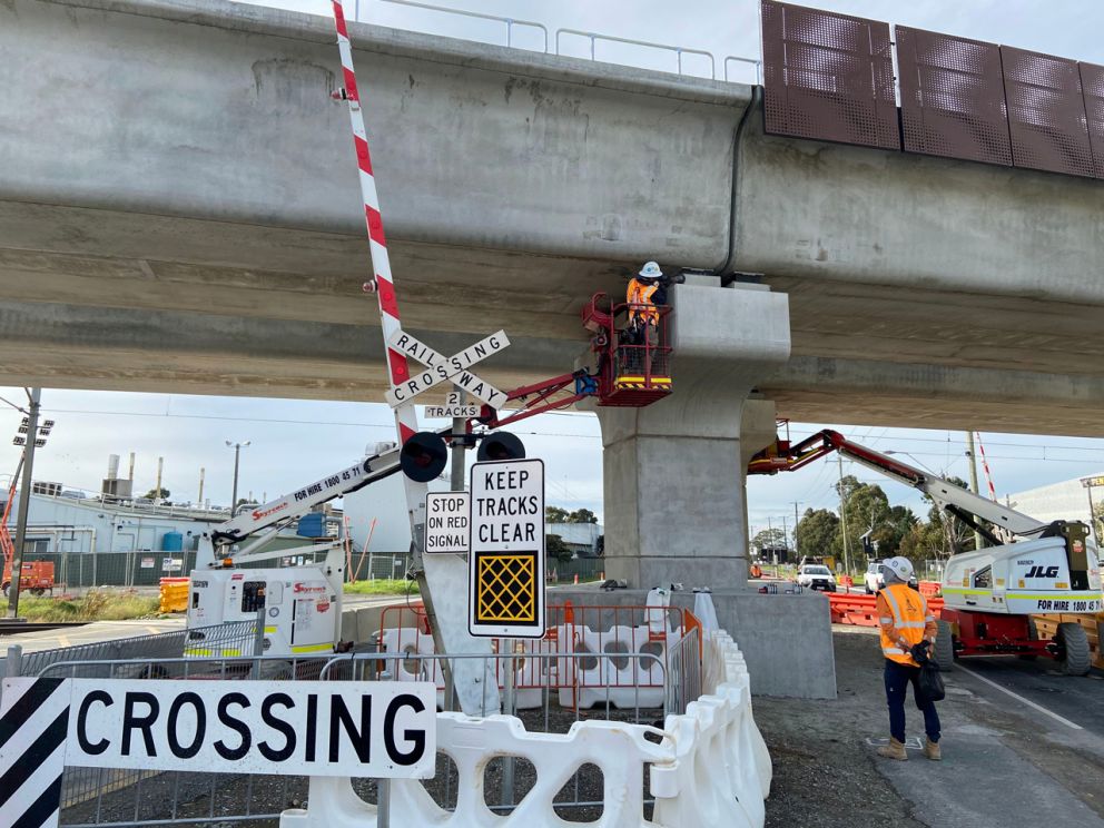 Crews working on the Greens Road rail bridge.
