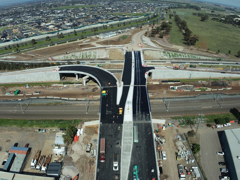 Aerial view of the road bridge with asphalt sections.