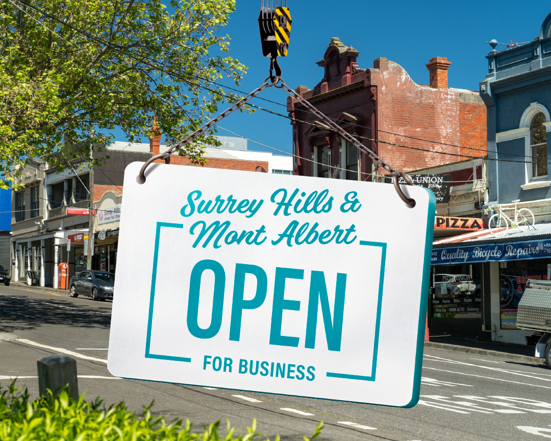 Image with a banner saying Mont Albert and Surrey Hills open for business.