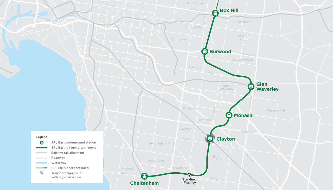 Concept map. All SRL East stations and rail tunnel connecting them