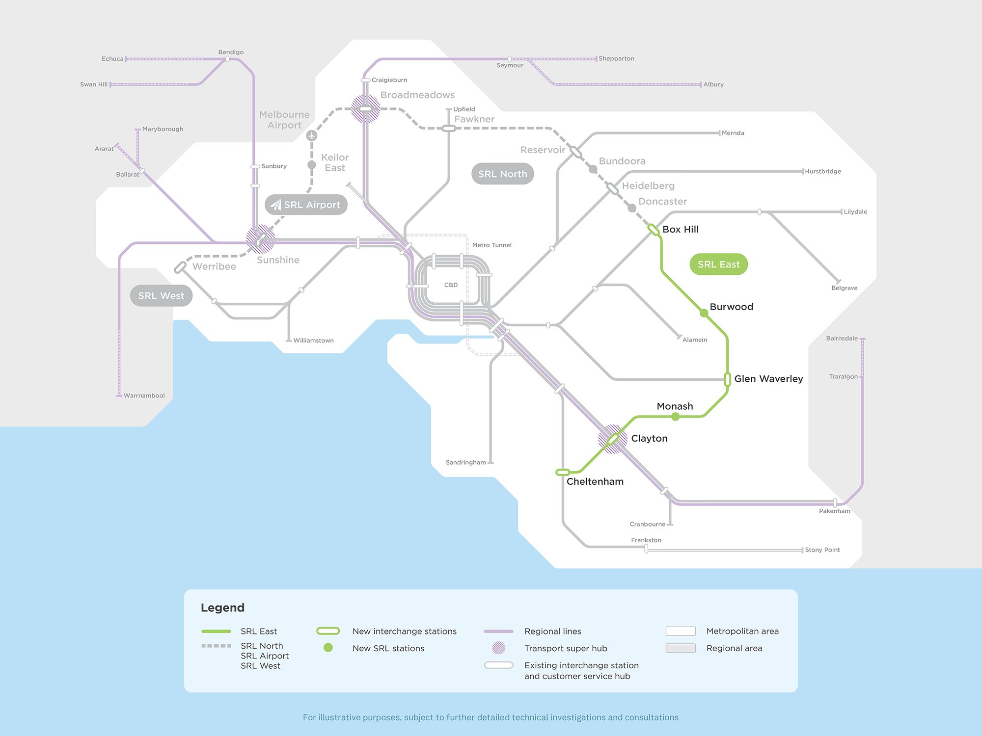 Map: Suburban Rail Loop with SRL East section highlighted - Cheltenham to Box Hill