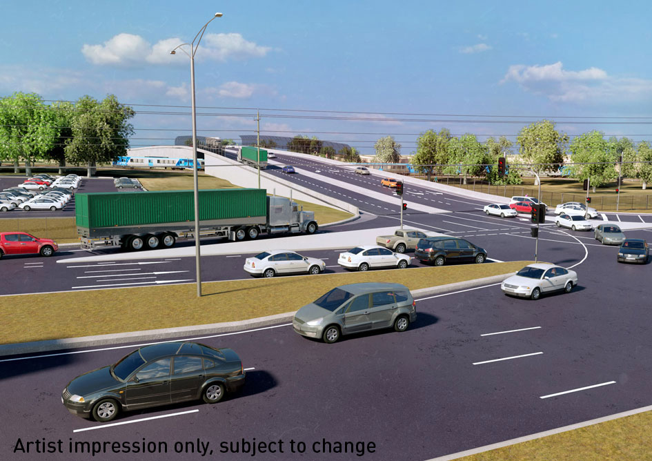 Image: Artist impression of a street view of the road bridge design at South Gippsland Highway in Dandenong South