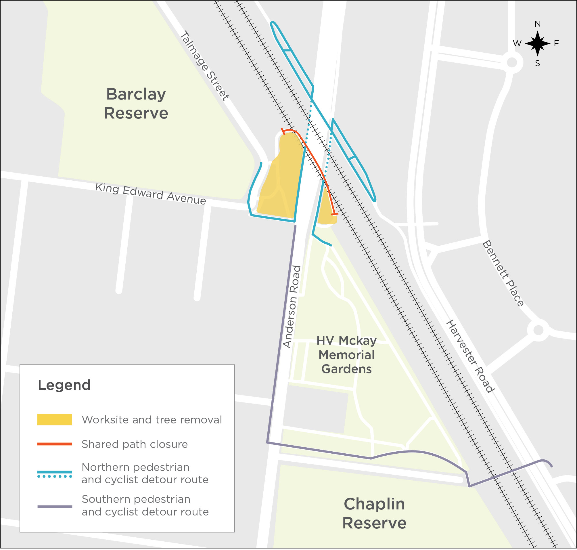 Map of Anderson Rd shared user path closure and detour on Harvester Road