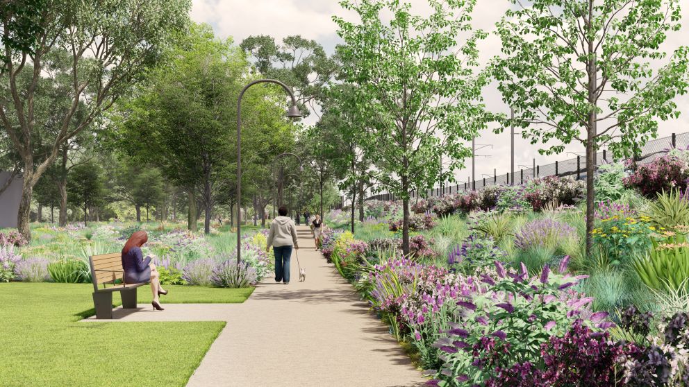 render of people on footpath and in parkland alongside elevated rail bridge, separated by flowerbed embankment