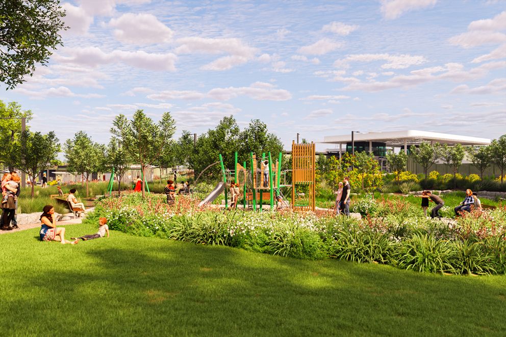 The rejuvenated Lorne Parade Reserve, including a new play area and seating