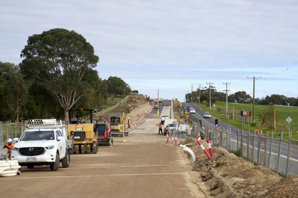 The different stages of asphalting on display along Hall Road