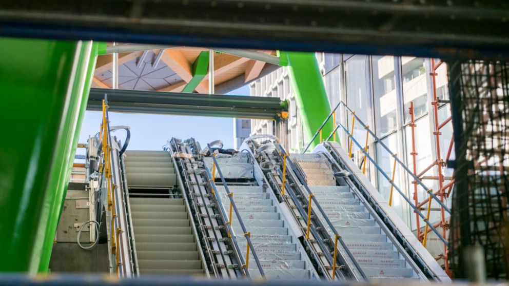 Anzac Station escalators at the entrance, underneath the canopy