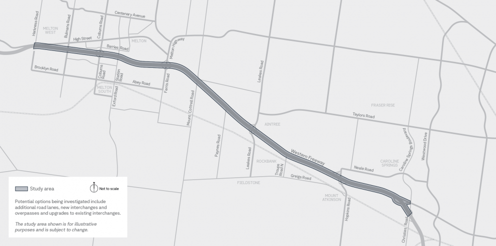 Map of the potential Western Freeway Upgrade - Melton to Caroline Springs 