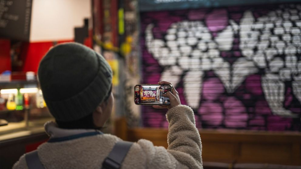 A person stands in front of Manda Lane's artwork in Degraves Street and takes a picture of the artwork.