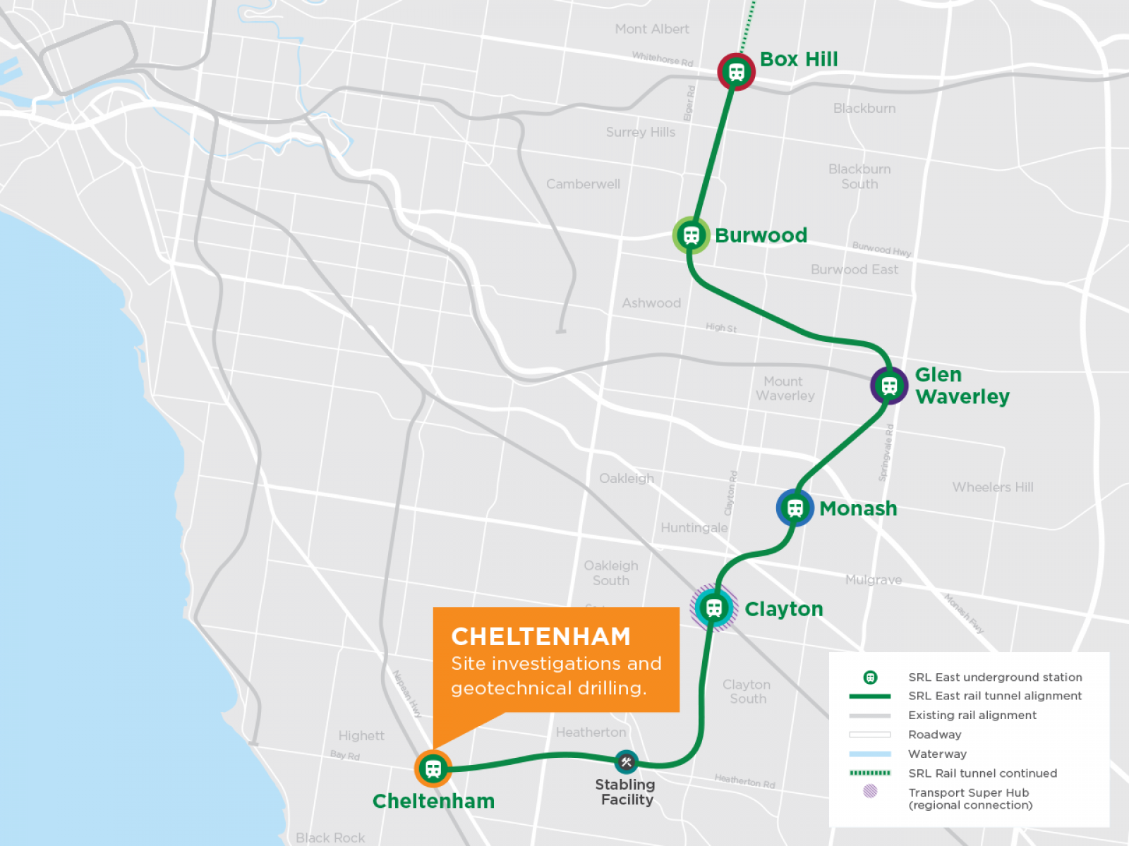 Image shows map outlining the eastern suburban rail loop highlighting Cheltenham..