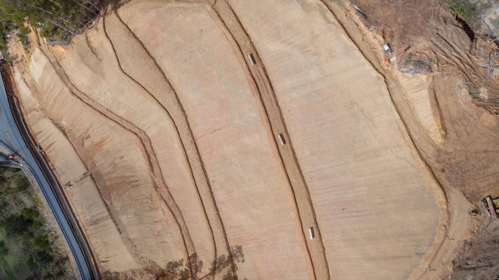 Aerial view showing Bogong High Plains Rd landslip benches