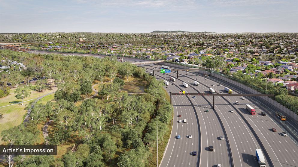 Aerial artist impression of Koonung Creek Reserve adjacent the Eastern Freeway in Balwyn North.