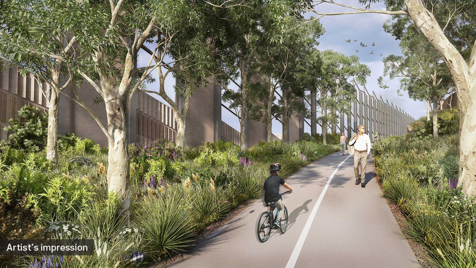 Artist impression of new noise walls next to a pedestrian path, surrounded by trees and plants in Mont Albert North.