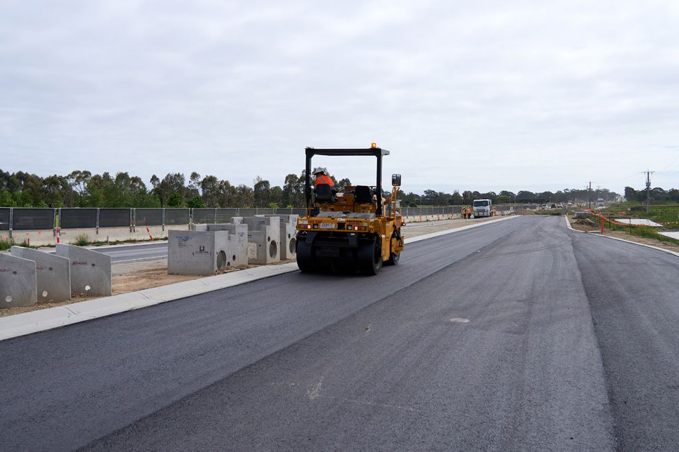 Roller compacting asphalt on the new eastbound carriageway