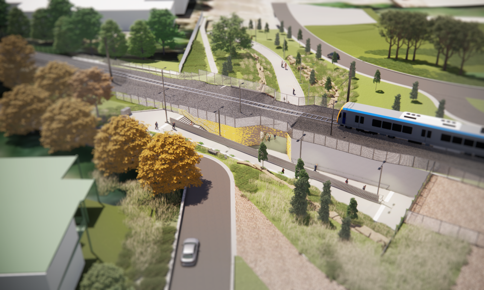 Pedestrian underpass below rail line at Cave Hill Road.