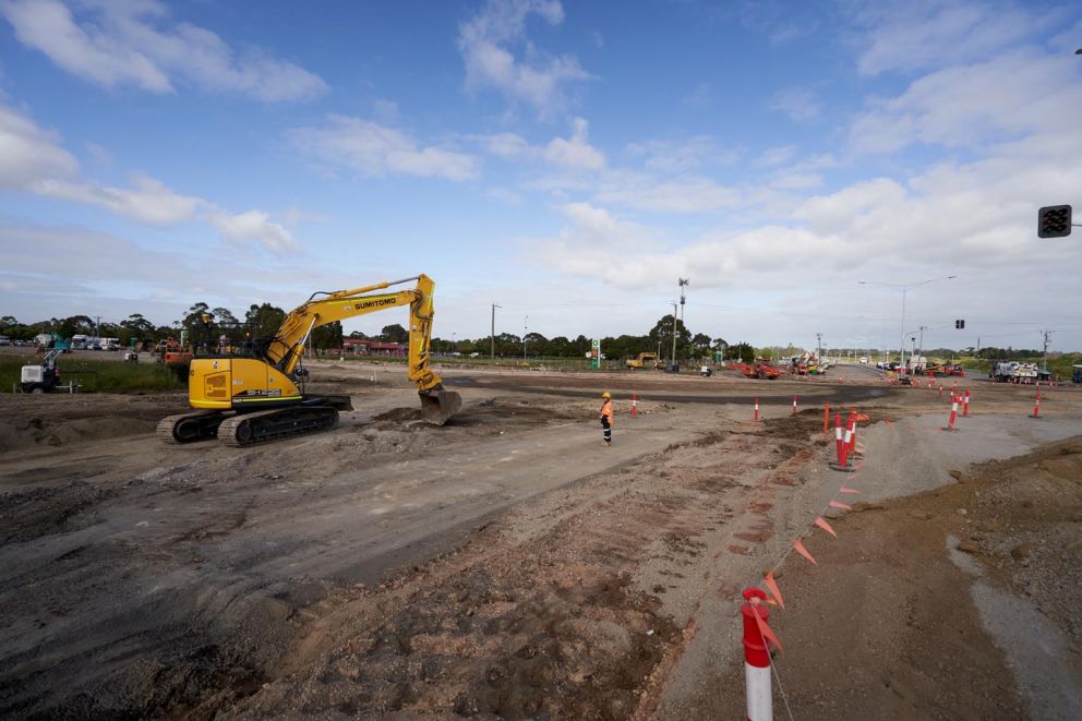 Excavator removing sections of the old roundabout