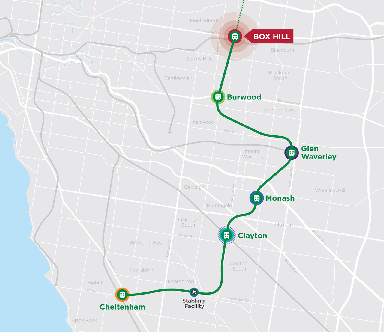 Map showcasing SRL East rail alignment highlighting the Box Hill precinct.
