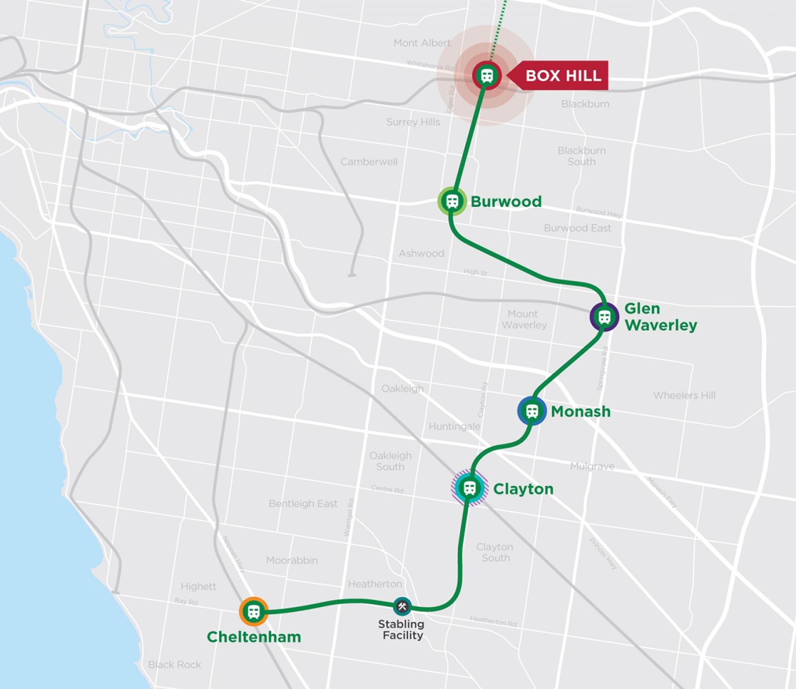 Map showcasing SRL East rail alignment highlighting the Box Hill precinct.