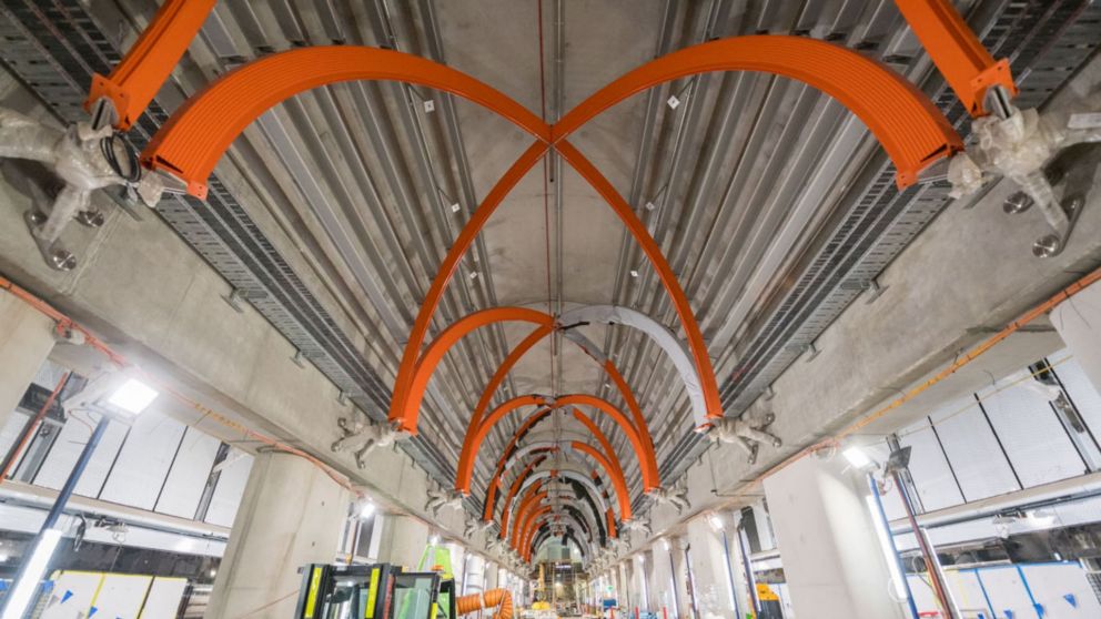 Orange architecture ribs at the station platform