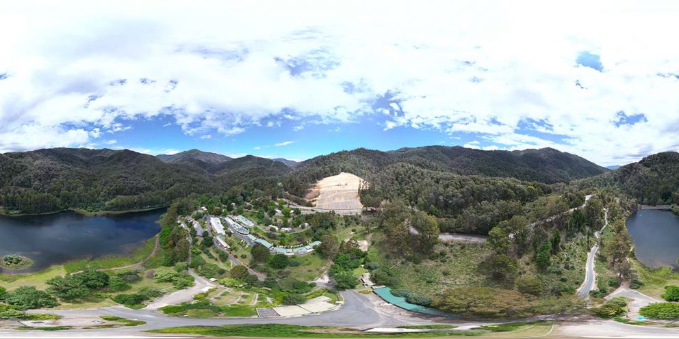 Panoramic view of the landslip face incorporating Bogong Village and Lake Guy