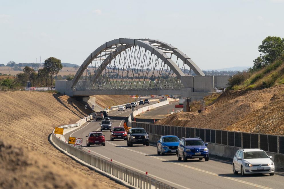 Traffic is now flowing smoothly underneath the new Kilmany Rail bridge.