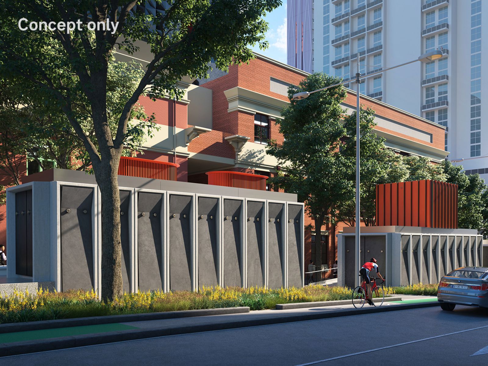 Render image of station services buildings on Franklin Street