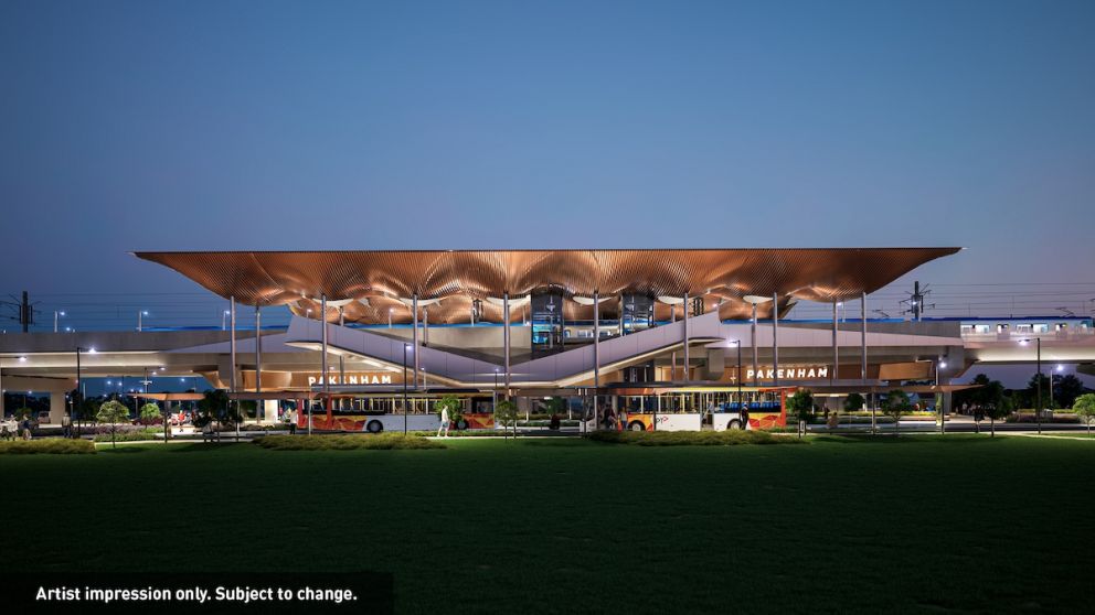 Render of the new Pakenham Station from Bourke Park at dusk