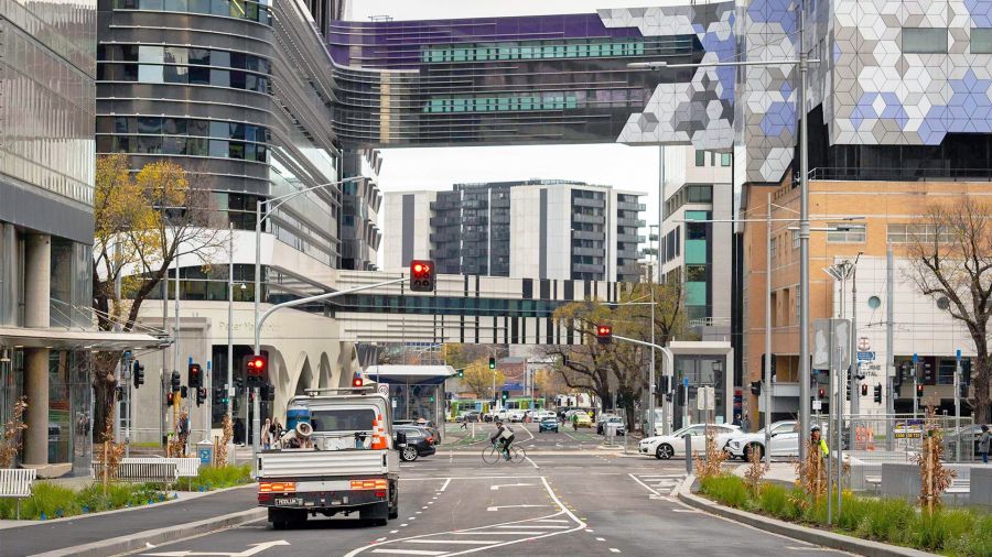 Cars travelling through the recently opened Grattan Street