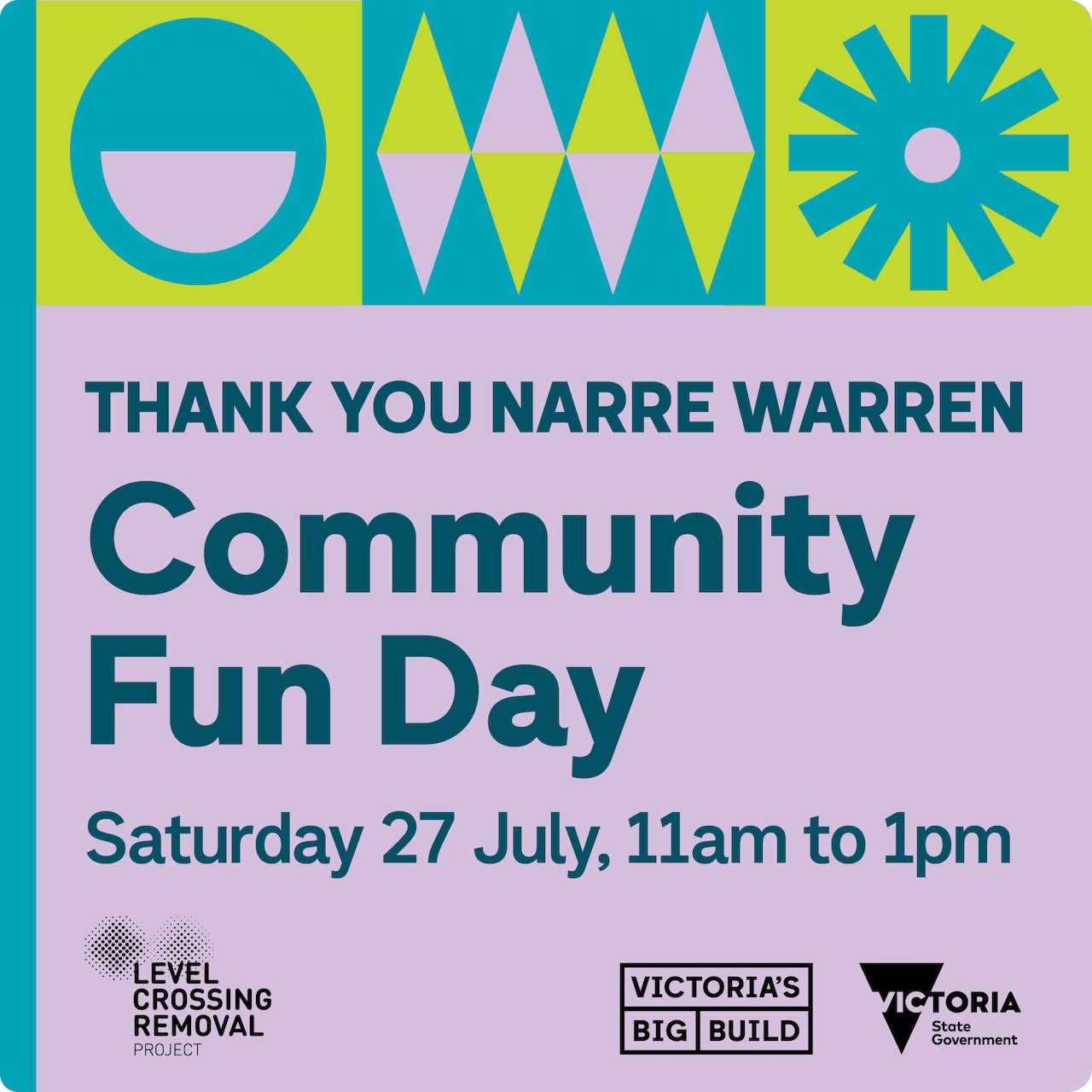 Purple box with text that says thank you Narre Warren community fun day