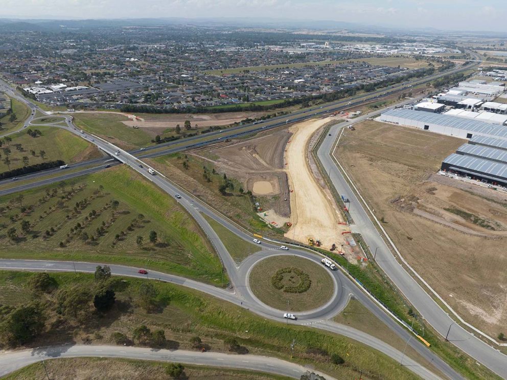 March 2023- Aerial view of the new freeway ramps being built at McGregor Road