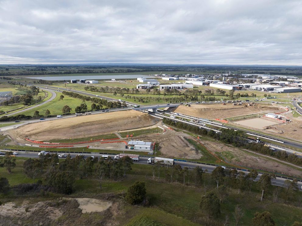 June 2023- An aerial view of the embankments for the new Healesville-Koo Wee Rup Road bridge