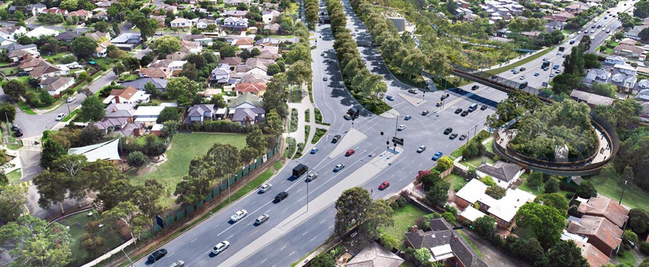 Artists impression of the new pedestrian and cycle bridge over Lower Plenty Road and Greensborough Road boulevard